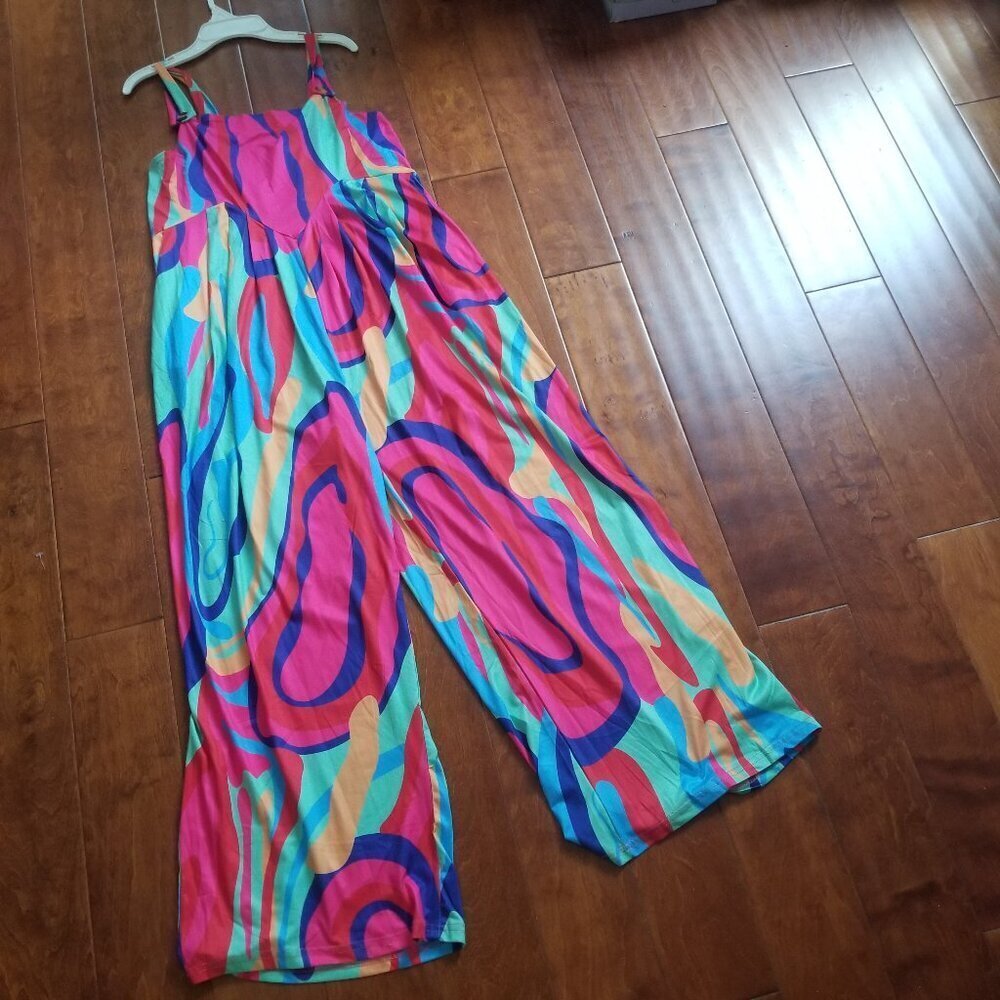 Z Avenue USA Women's Multi color button Strap, 2-Pocket Flared Wide Leg Jumpsuit